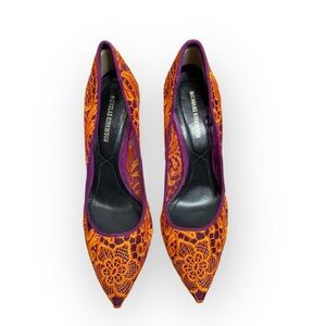 Nicholas Kirkwood Crimson/ Orange Embroidered Lace Overlay Pumps Size 37 EUC